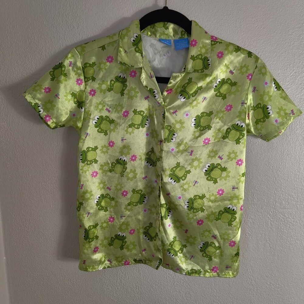 Y2K Green Pink Frog Print Satiny Button-Up Pajama Top OCI Medium